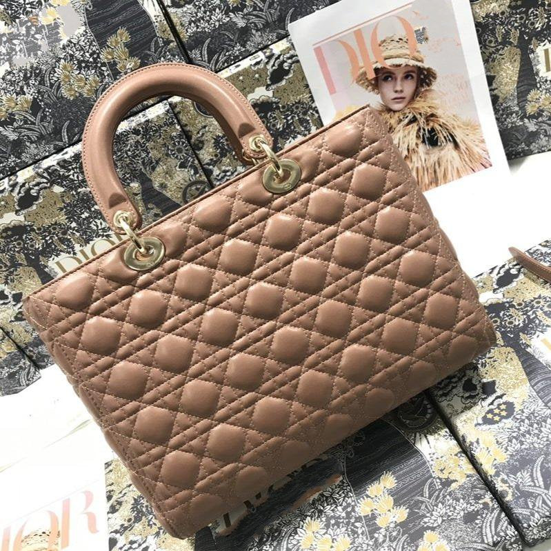 LARGE LADY BAG 32CM BEIGE CANNAGE LAMBSKIN