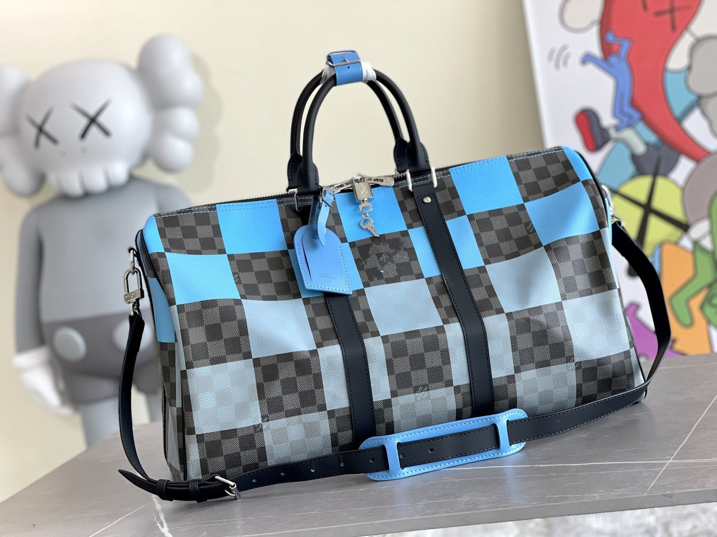 KEEPALL 50 BANDOULIERE BLUE DAMIER GRAPHITE