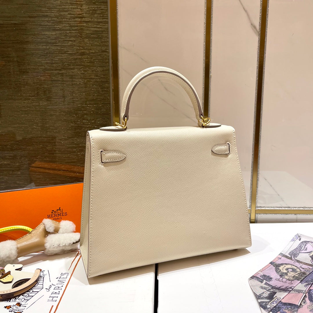 HM KELLY 25CM WHITE EPSOM LEATHER GOLD HARDWARE