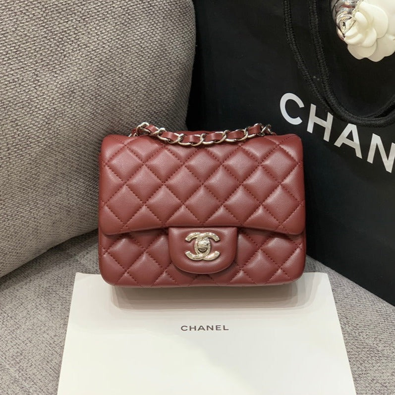 MINI SQUARE FLAP BAG 17CM BURGUNDY LAMBSKIN SILVER HARDWARE