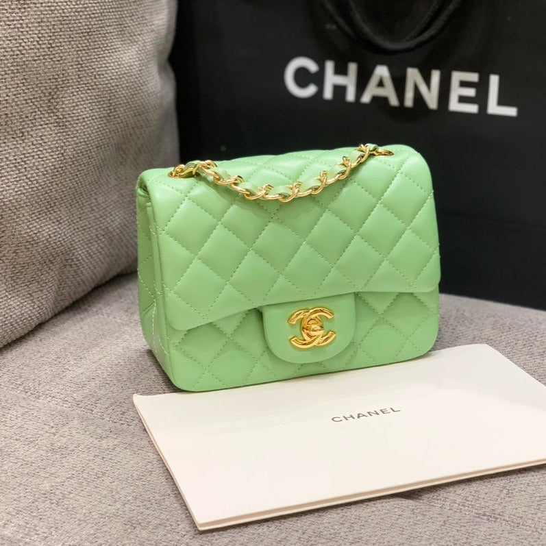 MINI SQUARE FLAP BAG 17CM LIGHT GREEN LAMBSKIN GOLD HARDWARE