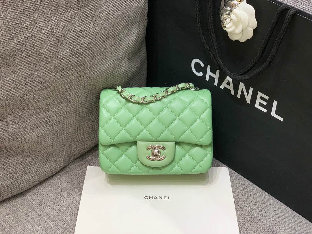 MINI SQUARE FLAP BAG 17CM LIGHT GREEN LAMBSKIN SILVER HARDWARE