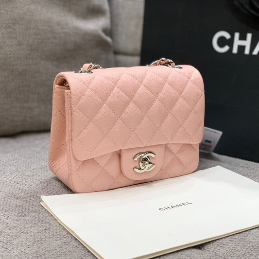 MINI SQUARE FLAP BAG 17CM PINK CAVIAR SILVER HARDWARE