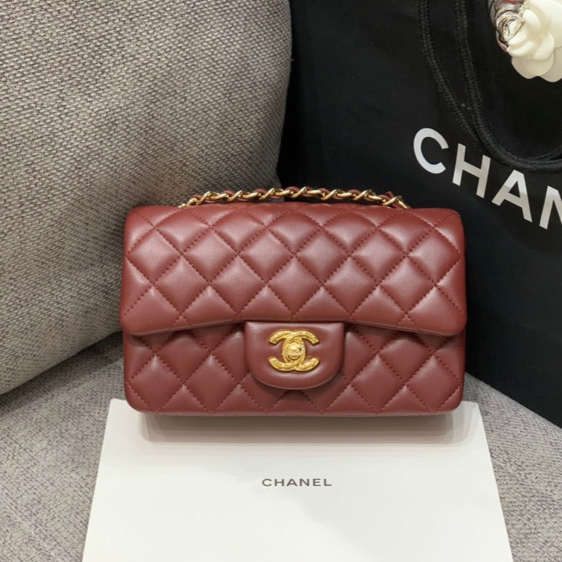 MINI RECTANGLE FLAP BAG 20CM BURGUNDY LAMBSKIN GOLD HARDWARE