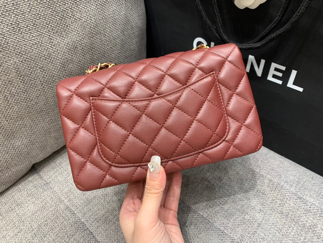 MINI RECTANGLE FLAP BAG 20CM BURGUNDY LAMBSKIN GOLD HARDWARE