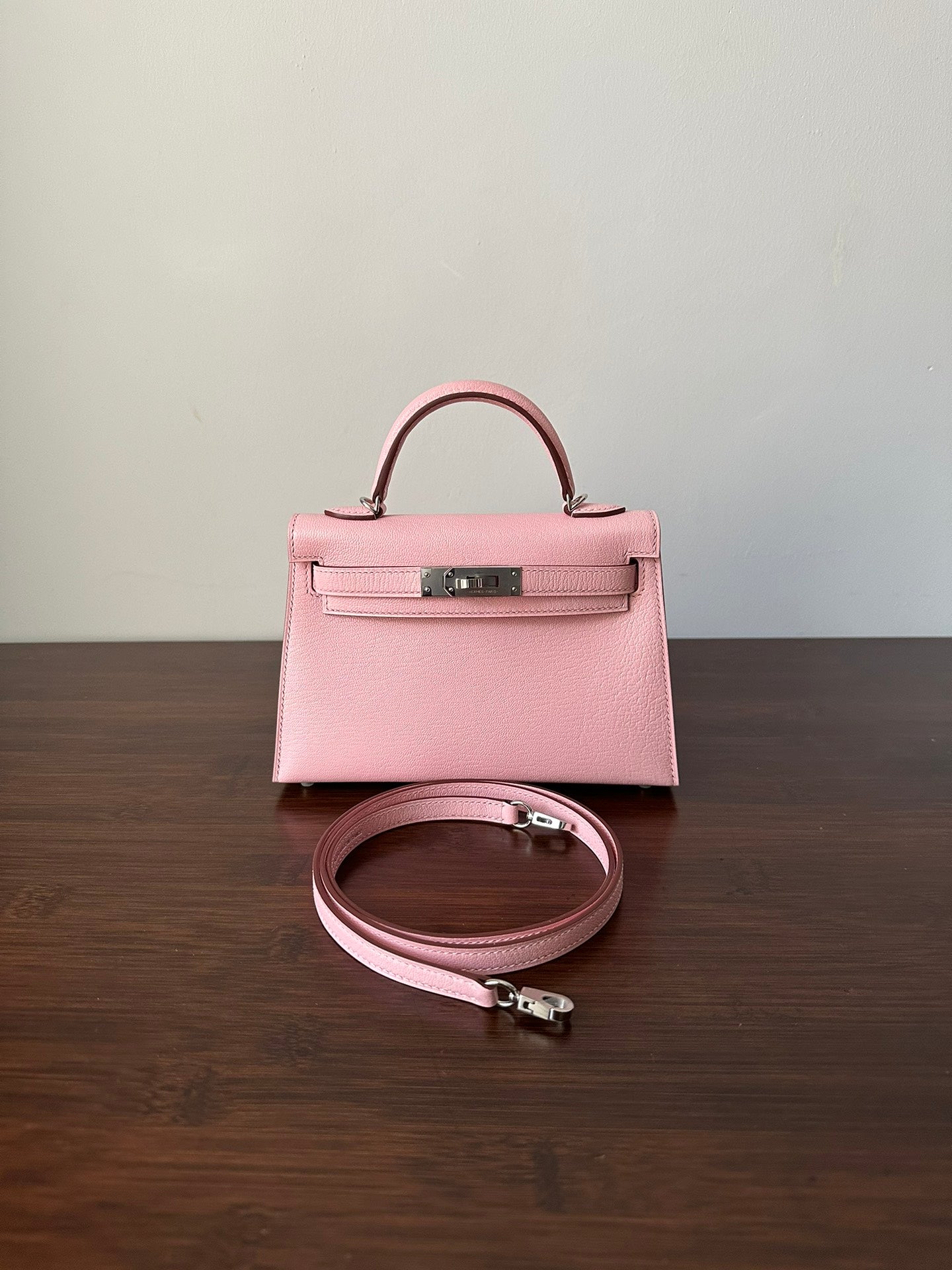 HM KELLY MINI 20 PINK CHEVRE SILVER HARDWARE