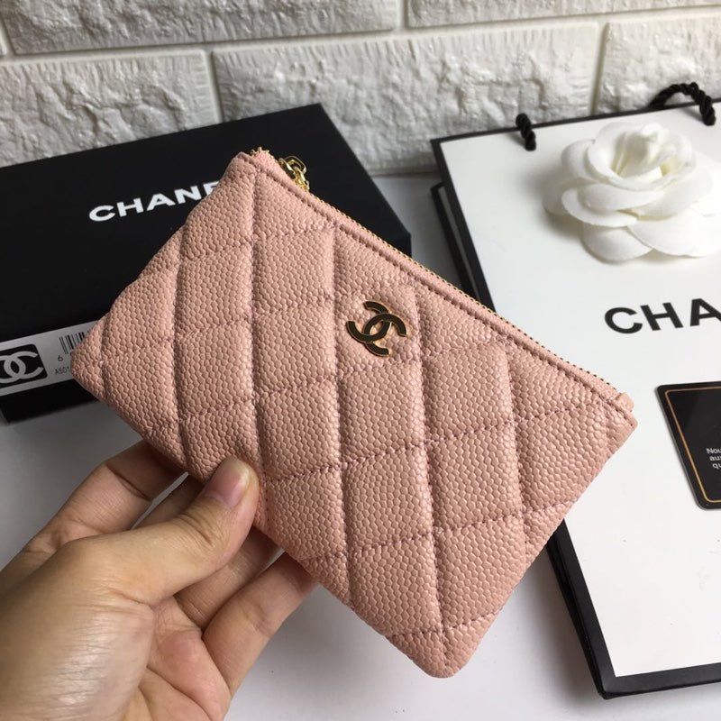 CC CLASSIC SMALL ZIPPED POUCH 15 PALE PINK CALFSKIN GOLD ICON