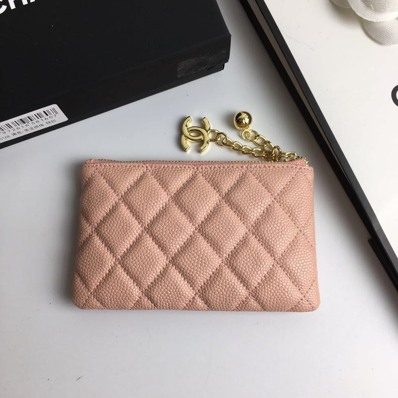 CC CLASSIC SMALL ZIPPED POUCH 15 PALE PINK CALFSKIN GOLD ICON