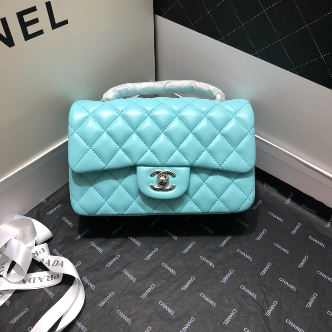 CC 20 CLASSIC SMALL DOUBLE FLAP BAG IN LIGHT BLUE CALFSKIN