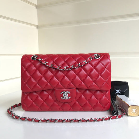 FLAP BAG MEDIUM 25CM RED LAMBSKIN SILVER HARDWARE