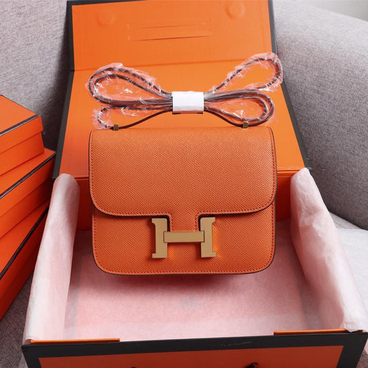 HM CONSTANCE BAGS 22 ORANGE LAMBSKIN GOLD BUCKLE