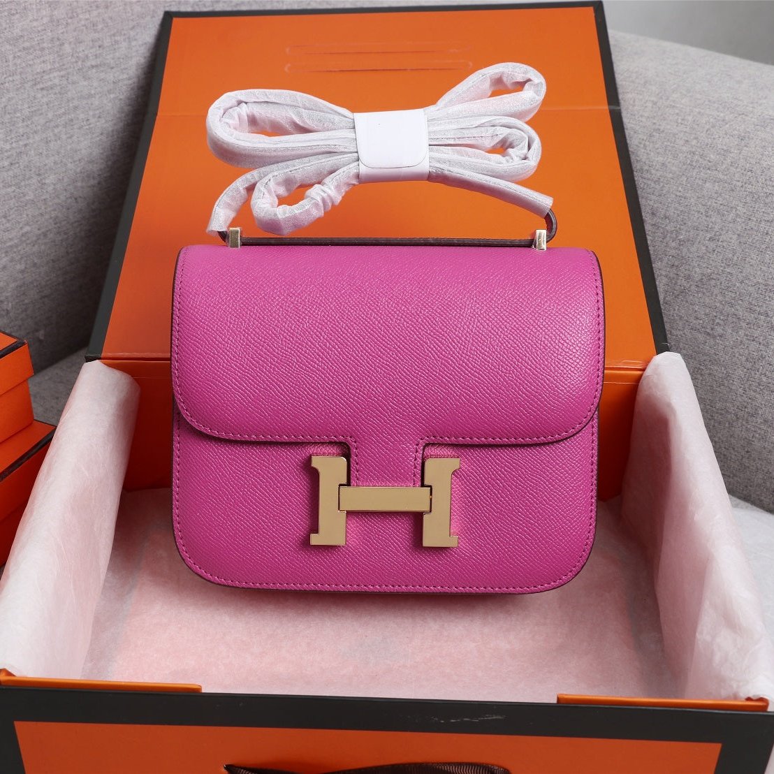 HM CONSTANCE BAG 19 PINK CALFSKIN GOLD BUCKLE