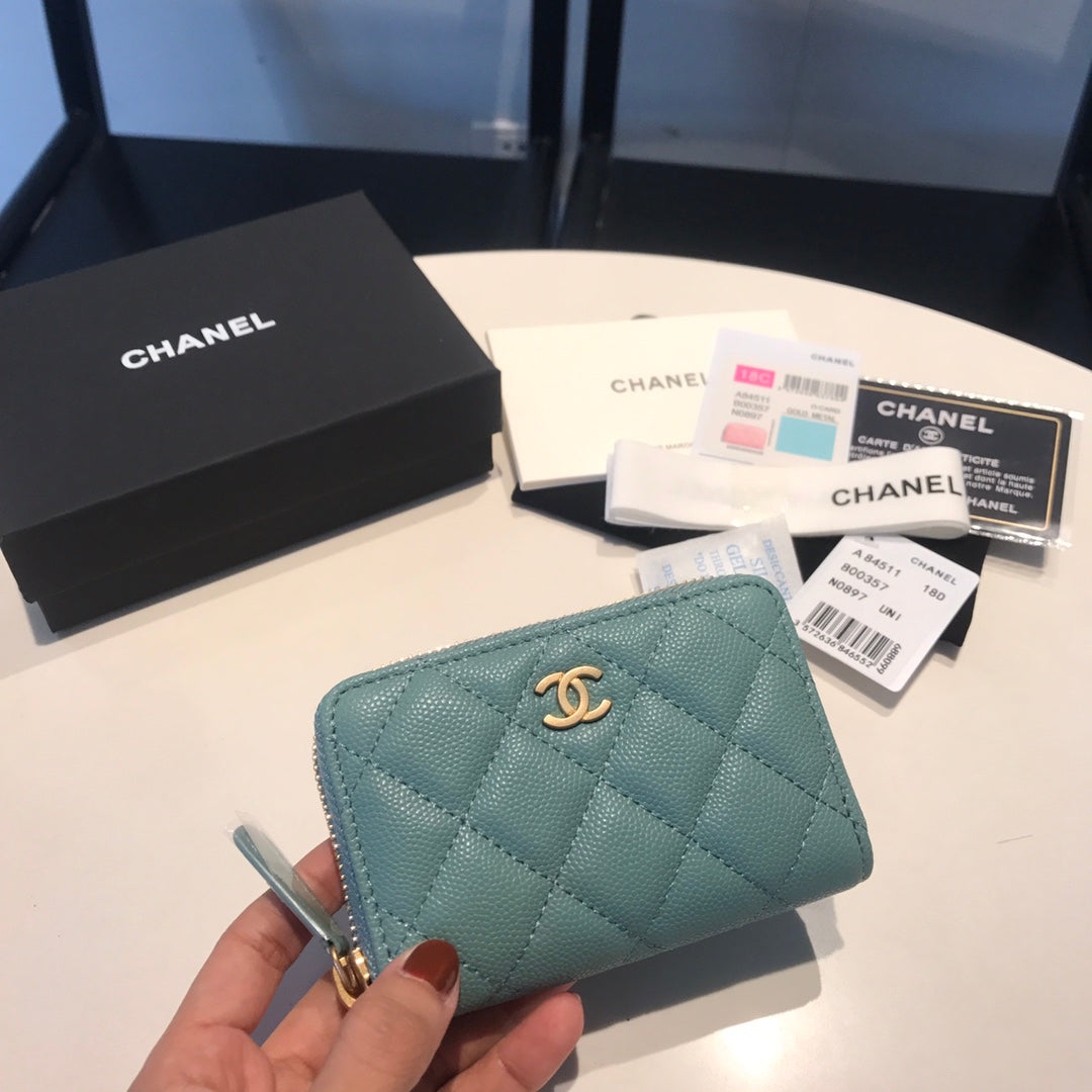 CC ZIPPED CAVIAR PURSE 11 TEAL CALFSKIN GOLD ICON