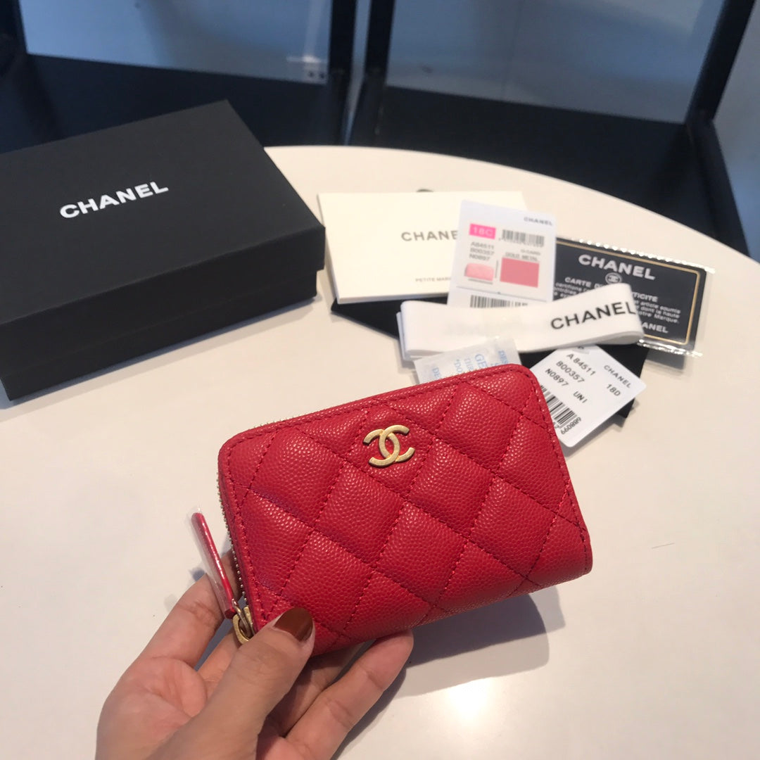 CC ZIPPED CAVIAR PURSE 11 RED CALFSKIN GOLD ICON