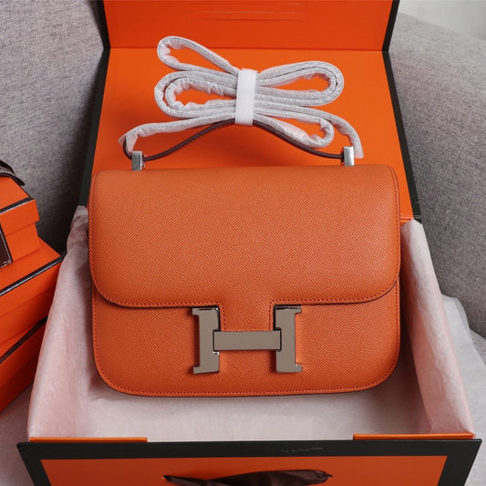 HM CONSTANCE BAGS 19 ORANGE LAMBSKIN SILVER BUCKLE