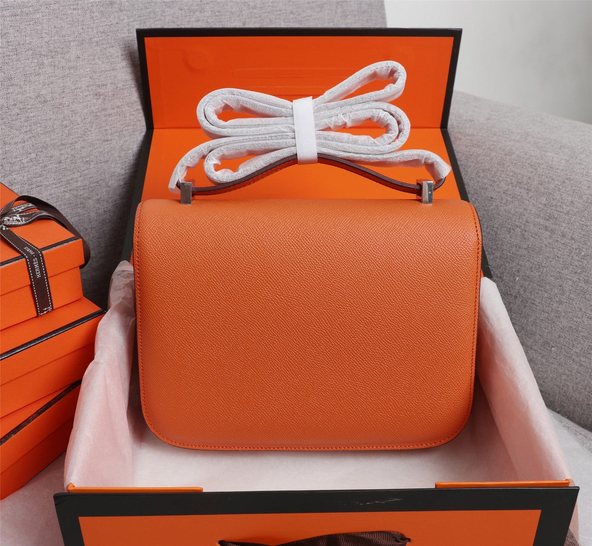 HM CONSTANCE BAGS 22 ORANGE LAMBSKIN SILVER BUCKLE