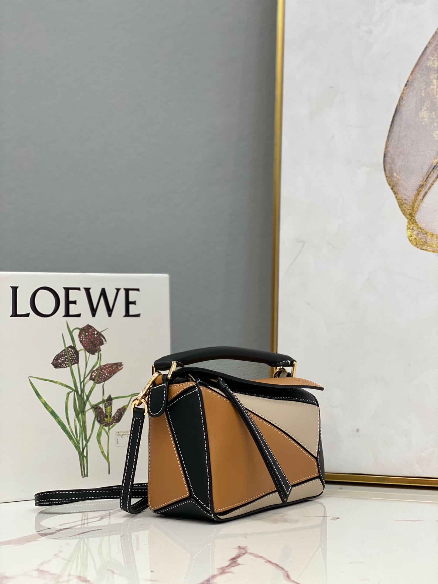 LOE MINI 18 PUZZLE BAG IN BROWN MIX BEIGE AND BLACK CALFSKIN