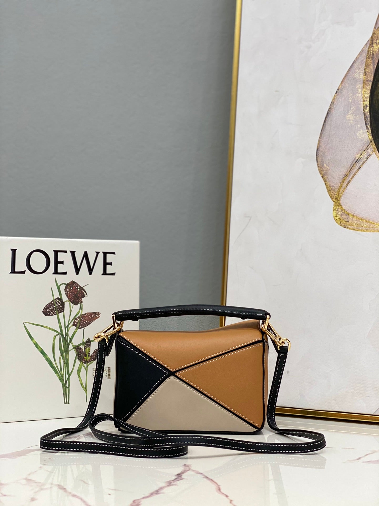 LOE MINI 18 PUZZLE BAG IN BROWN MIX BEIGE AND BLACK CALFSKIN