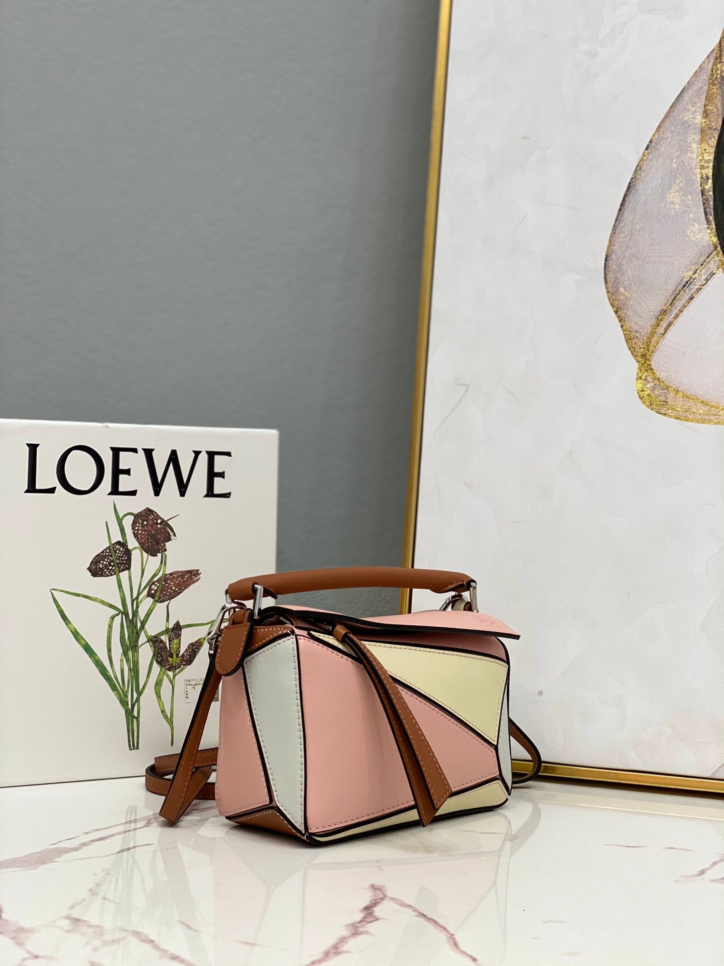 LOE MINI 18 PUZZLE BAG IN LIGHT PINK MIX YELLOW CALFSKIN