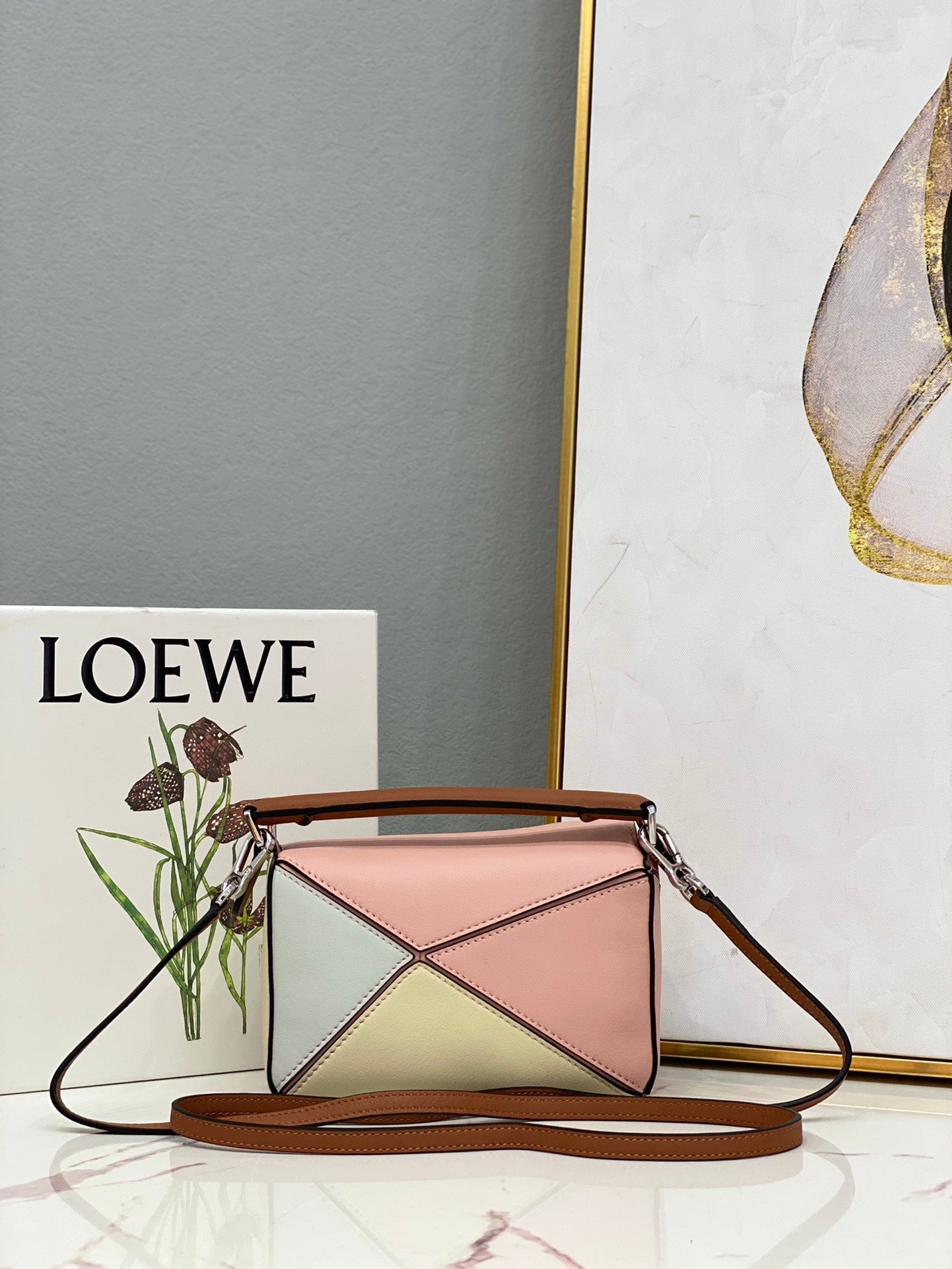 LOE MINI 18 PUZZLE BAG IN LIGHT PINK MIX YELLOW CALFSKIN