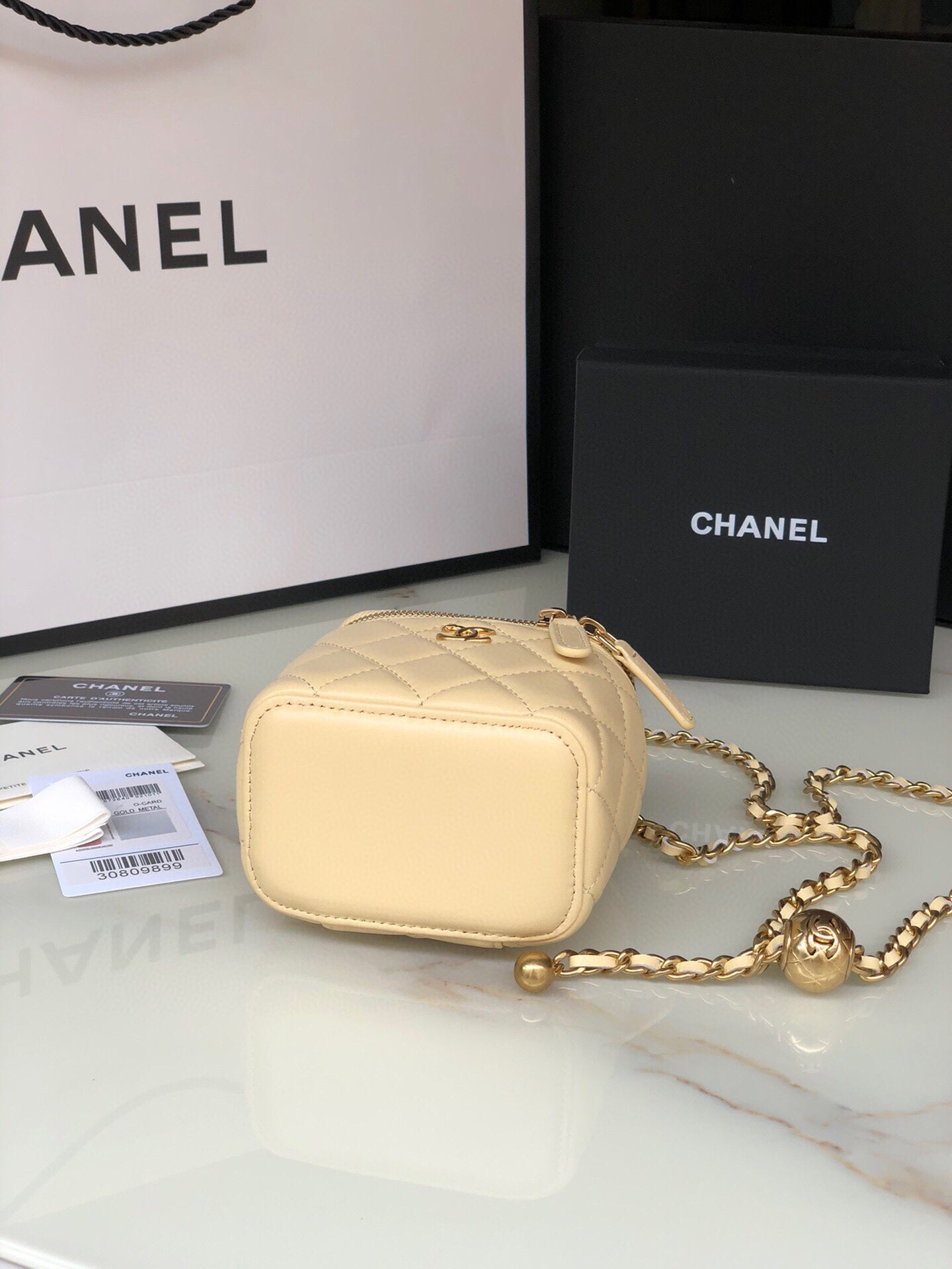 CC MINI 11 VANITY CHAIN IN DARK CREAM CALFSKIN GOLD HARDWARE