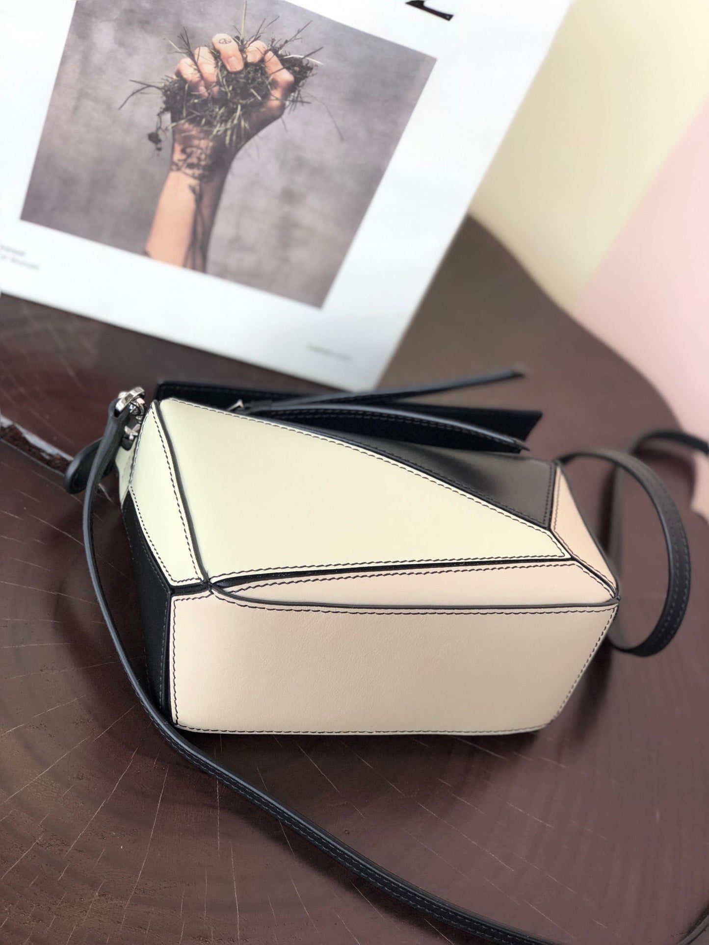 LOE MINI 18 PUZZLE BAG IN WHITE MIX BLACK CALFSKIN