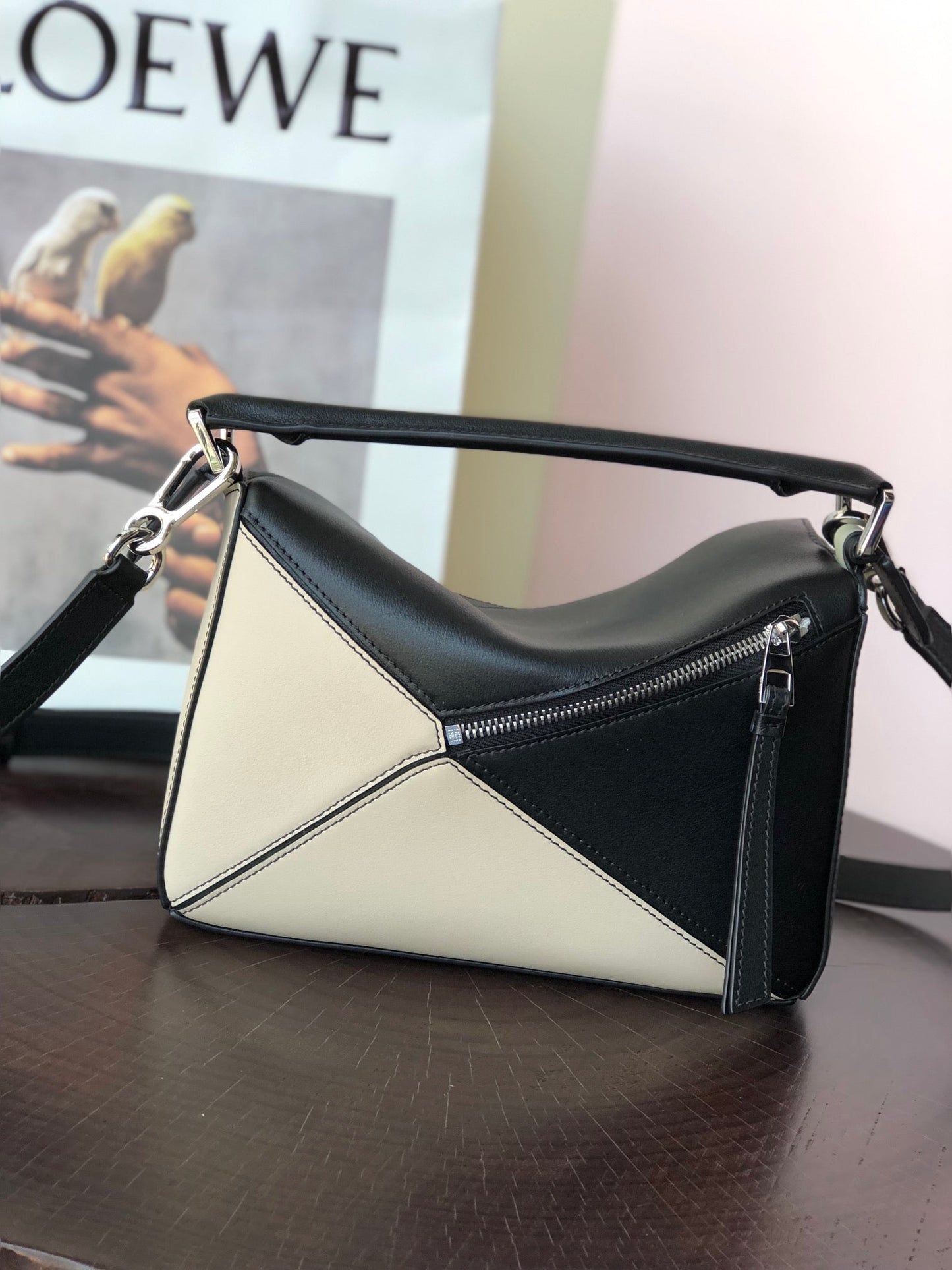 LOE MINI 18 PUZZLE BAG IN WHITE MIX BLACK CALFSKIN