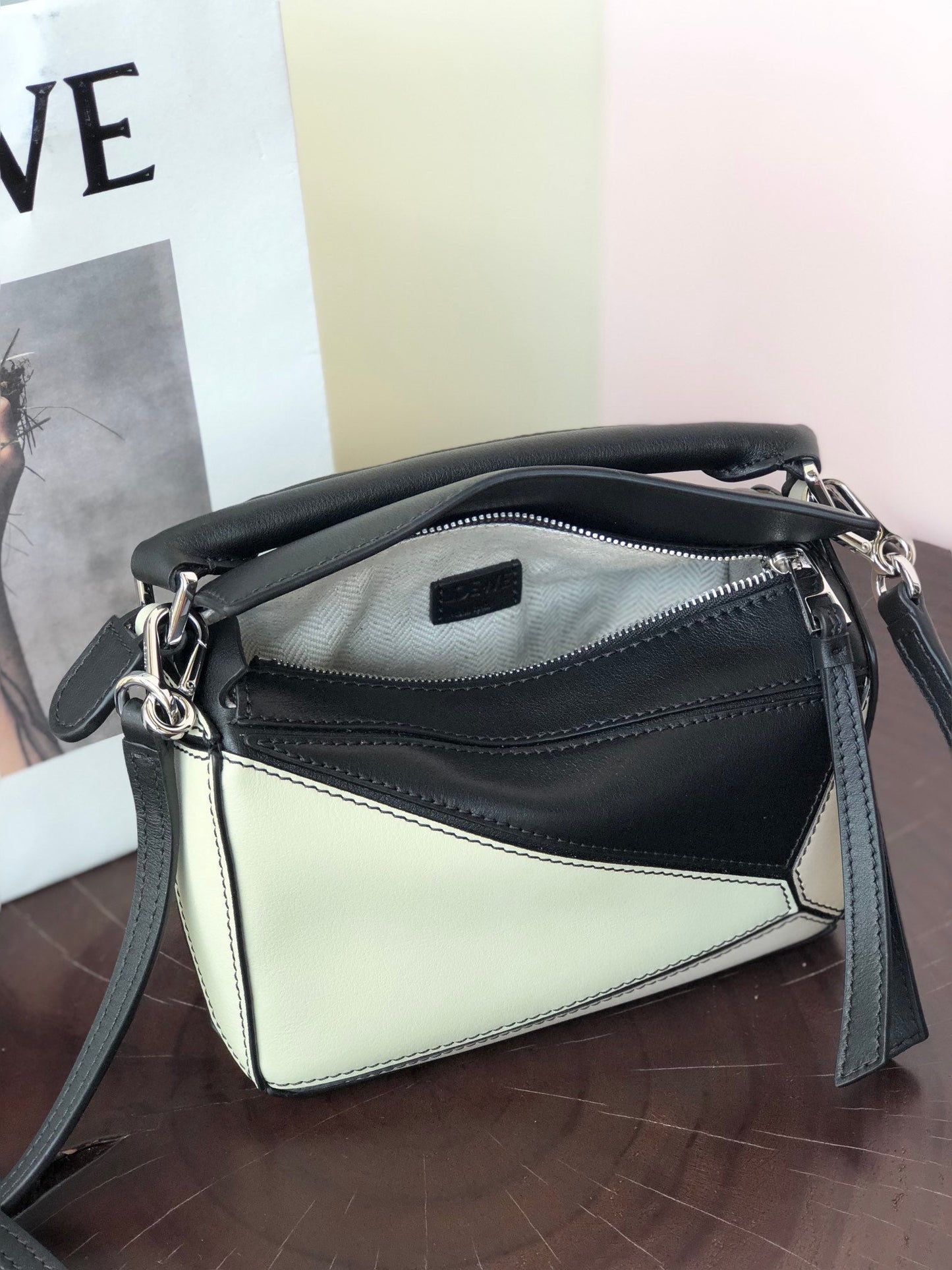 LOE MINI 18 PUZZLE BAG IN WHITE MIX BLACK CALFSKIN