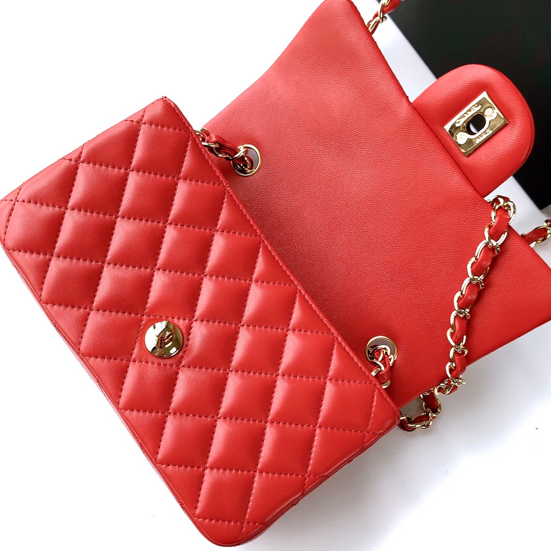 MINI RECTANGLE FLAP BAG 20CM RED LAMBSKIN GOLD HARDWARE