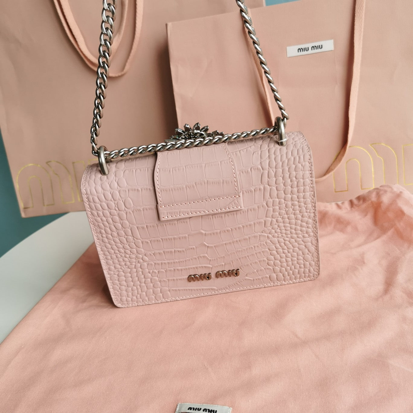 LADY 20 HANDBAG IN CROCODILE PATTERN LIGHT PINK CALFSKIN