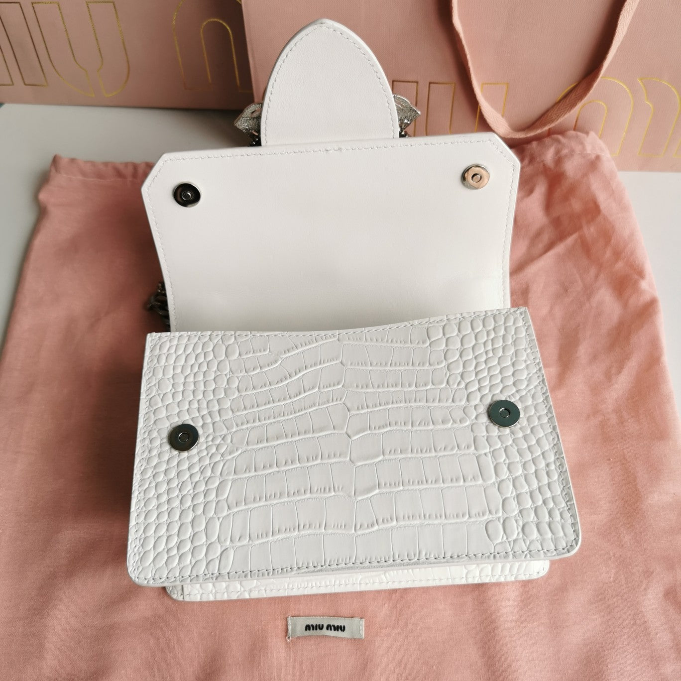 LADY 20 HANDBAG IN CROCODILE PATTERN WHITE CREAM CALFSKIN