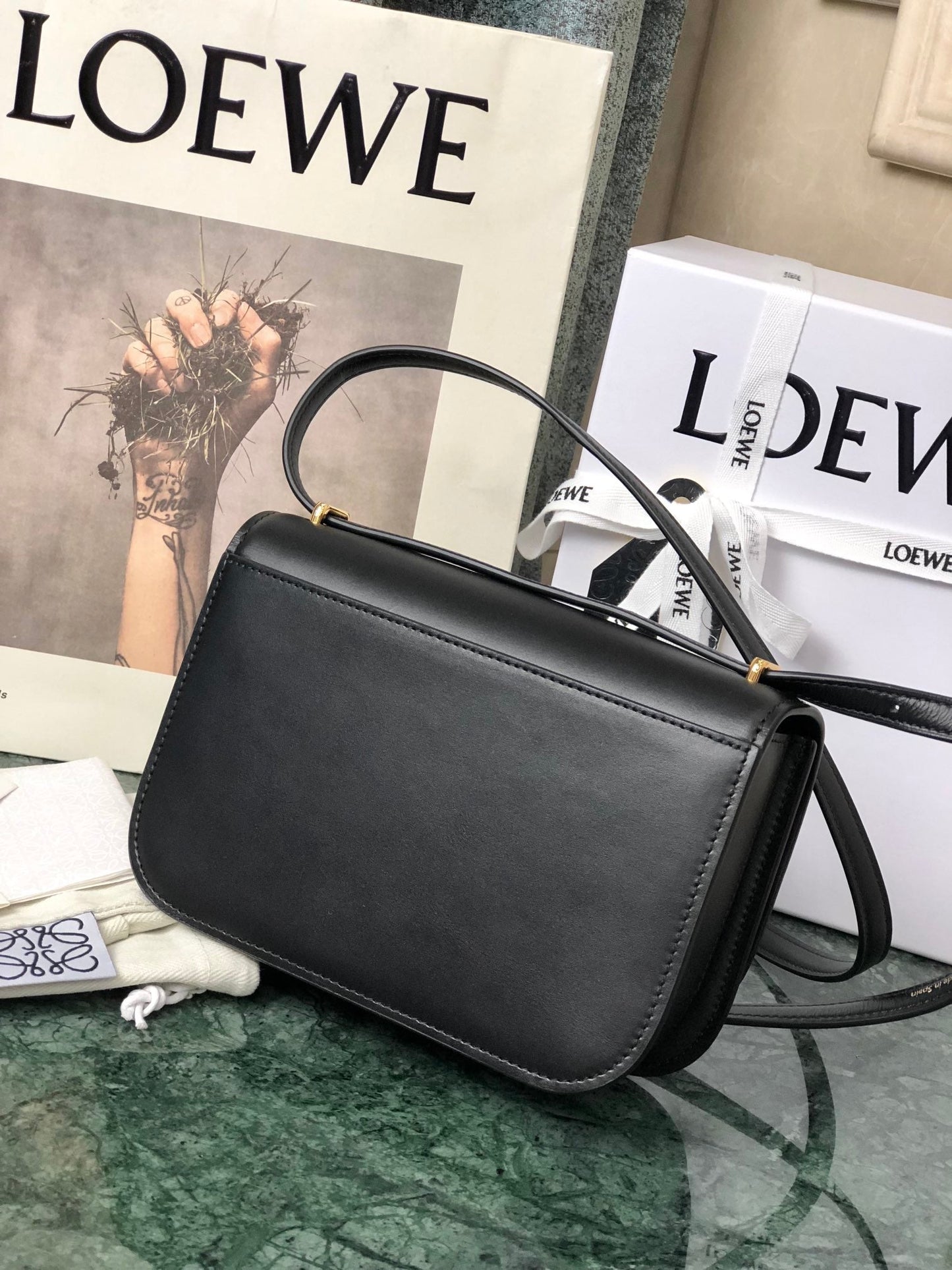 LOE GOYA BAG 18 IN BLACK SILK CALFSKIN