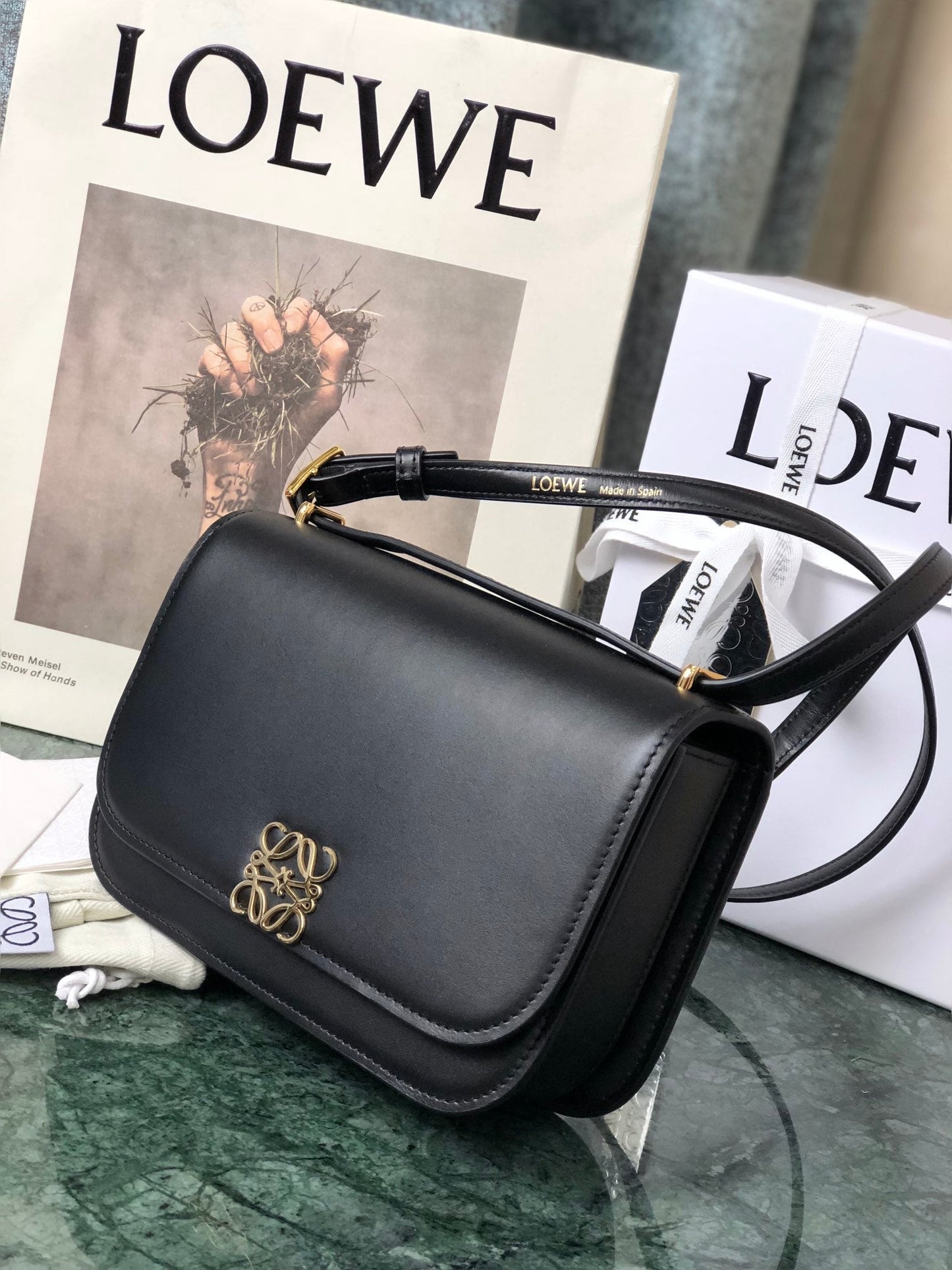 LOE GOYA BAG 18 IN BLACK SILK CALFSKIN