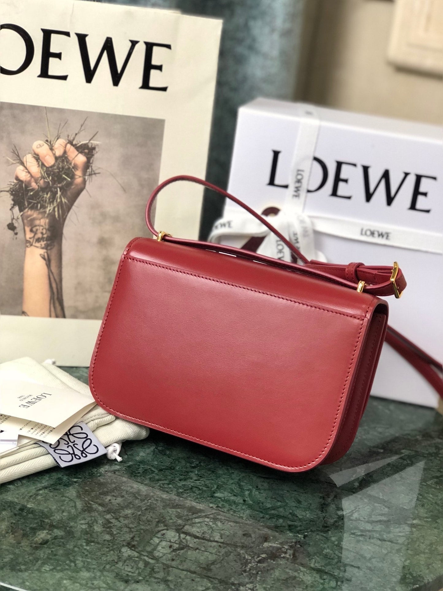 LOE GOYA BAG 18 IN CHERRY RED SILK CALFSKIN