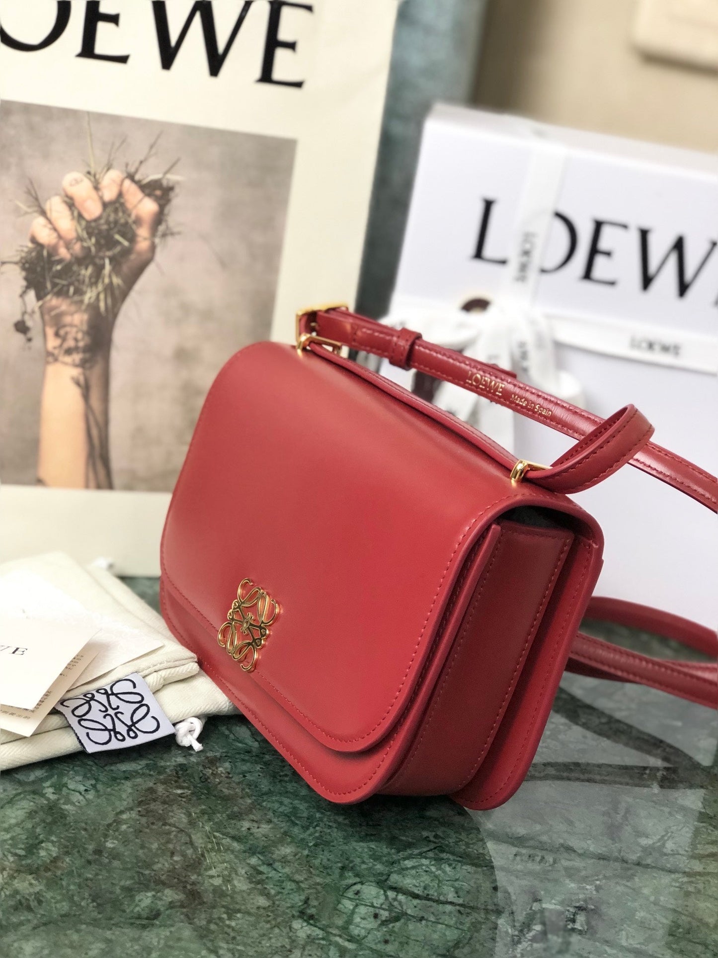 LOE GOYA BAG 18 IN CHERRY RED SILK CALFSKIN