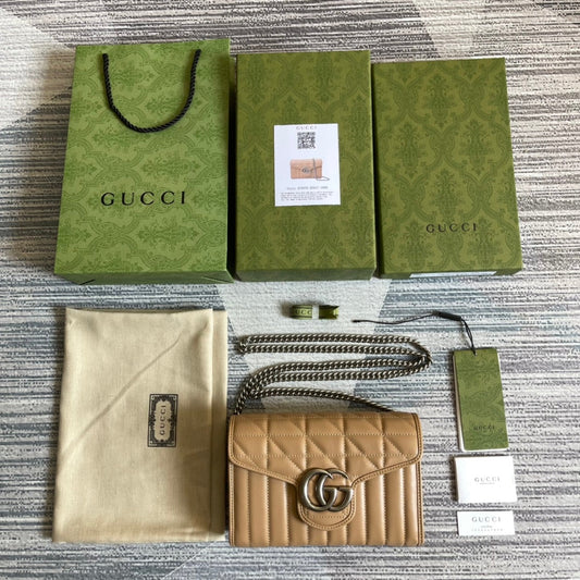 GG MARMONT MINI 20 SHOULDER BAG IN CAMEL BROWN CALFSKIN