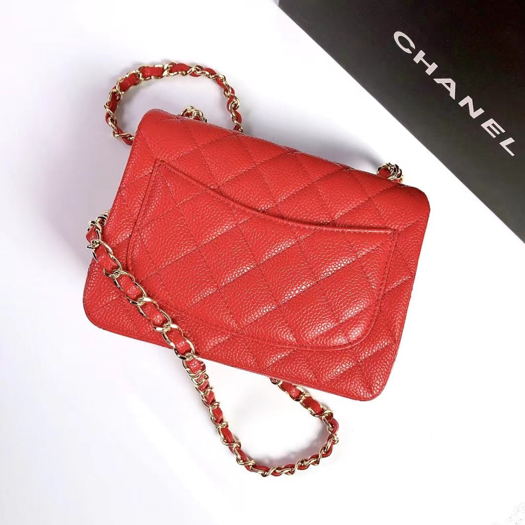 MINI SQUARE FLAP BAG 17CM RED CAVIAR GOLD HARDWARE