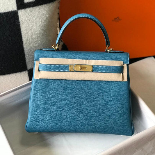 HM KELLY 32CM BAG IN CERULEAN CALFSKIN GOLD HARDWARE