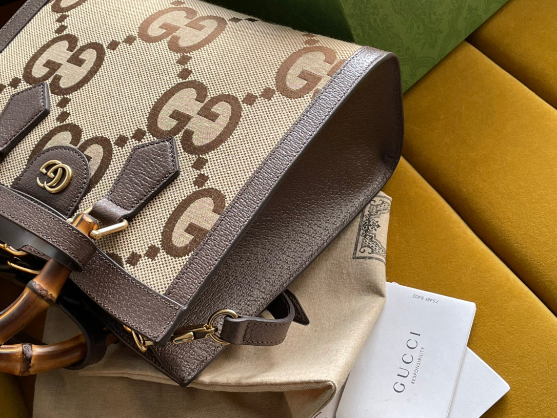 GG DIANA 27 MINI TOTE BAG IN BEIGE CANVAS AND BROWN CALFSKIN