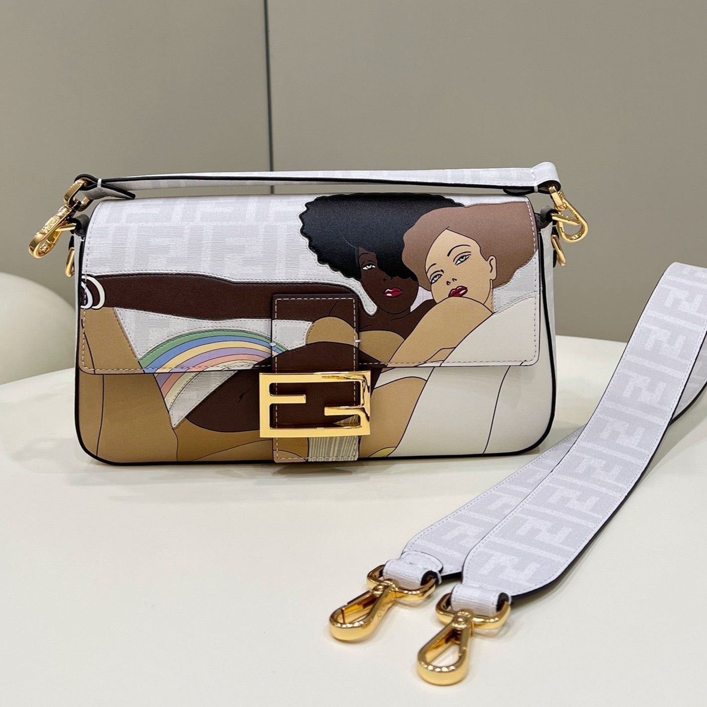 FENDI 27 BAGUETTE BAG IN WHITE CALFSKIN ATTACH STICKER GOLD HARDWARE