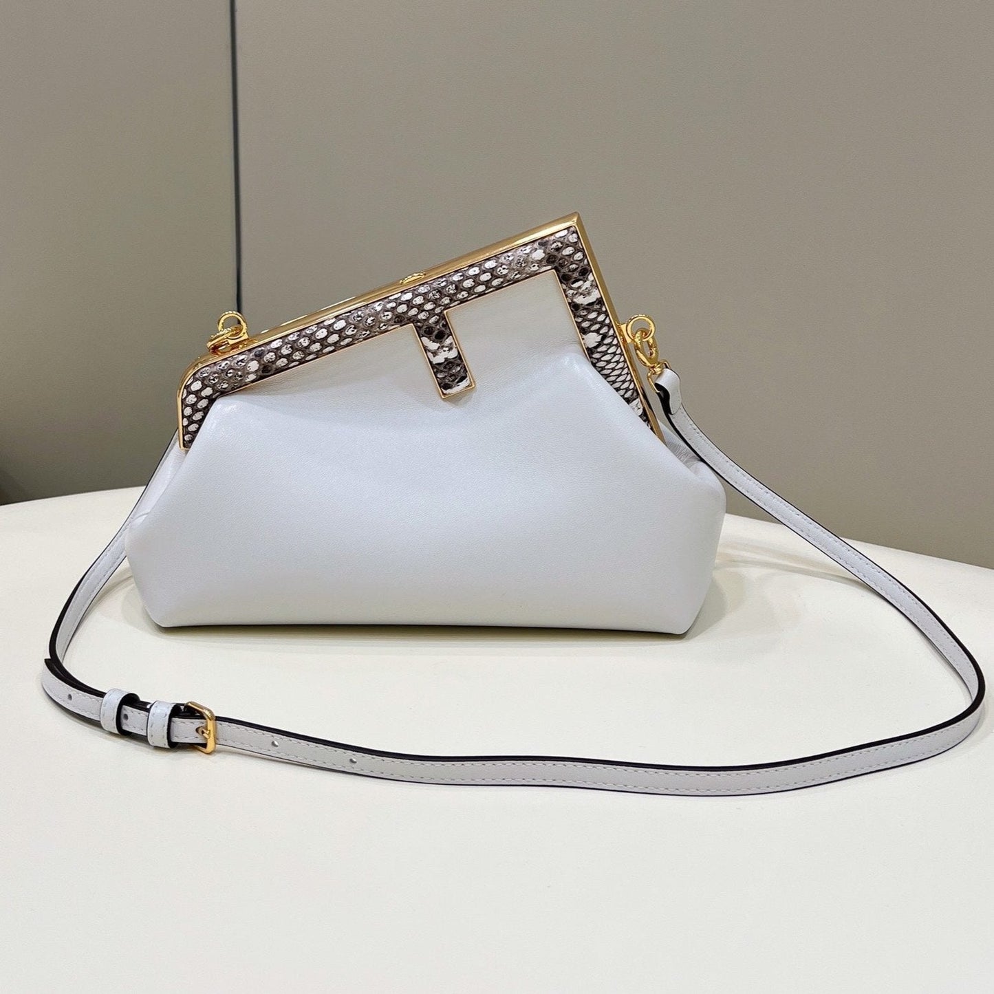 FENDI FIRST SMALL 26 WHITE LEATHER BAG WITH EXOTIC DETAILS