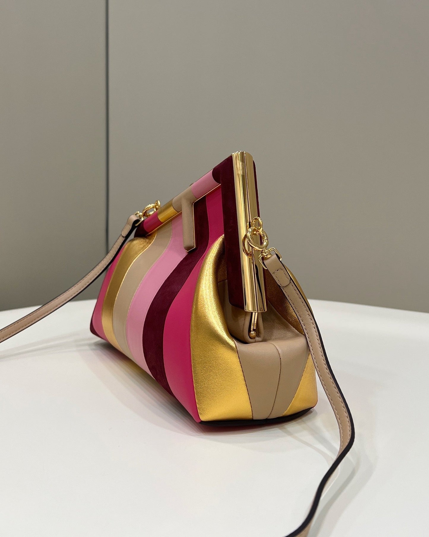 FENDI FIRST SMALL 26 IN COLORFUL SUEDE AND CALFSKIN WITH GOLD HARDWARE