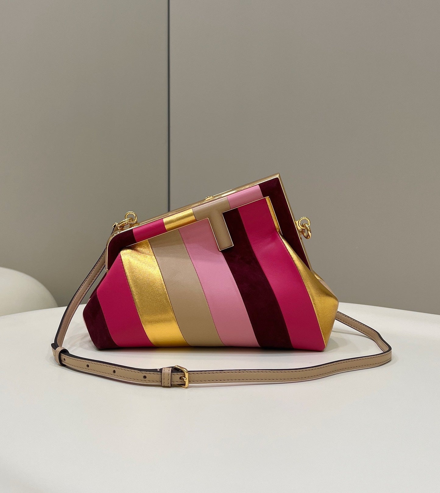 FENDI FIRST SMALL 26 IN COLORFUL SUEDE AND CALFSKIN WITH GOLD HARDWARE