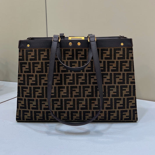 FENDI TOTE 41 BAG IN BROWN MIX BLACK MONOGRAM CANVAS GOLD HARDWARE