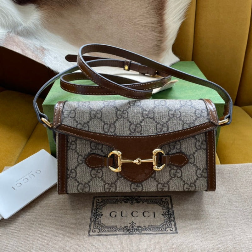 GG HORSEBIT 1955 MINI 18 BAG BEIGE CANVAS AND BROWN CALFSKIN