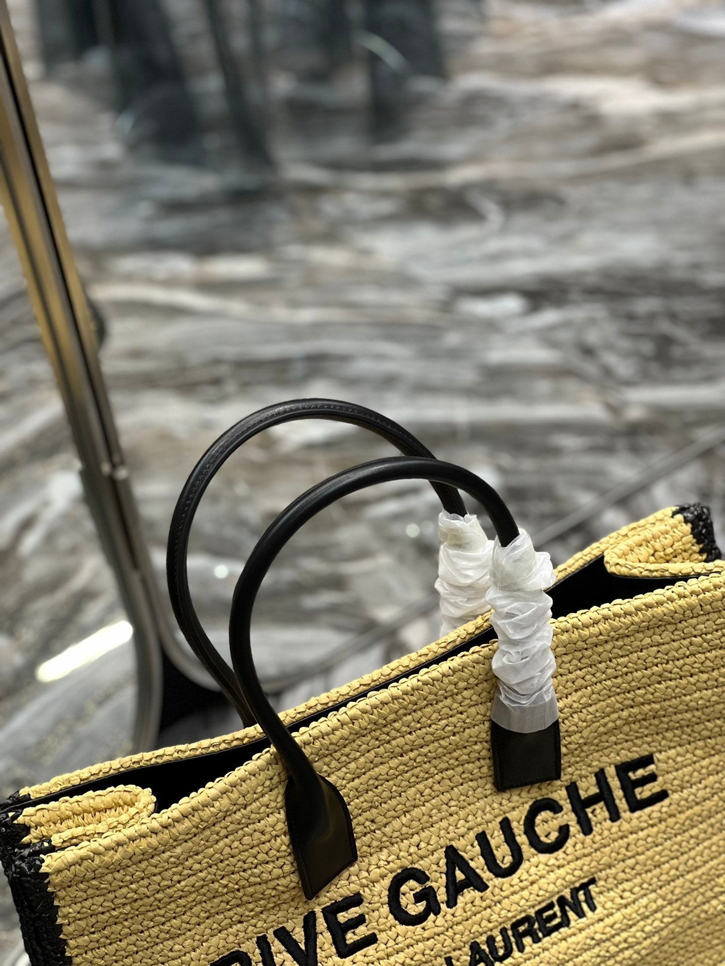 RIVE GAUCHE TOTE BAG 48 IN LIGHT YELLOW AND BLACK TRIM RAFFIA