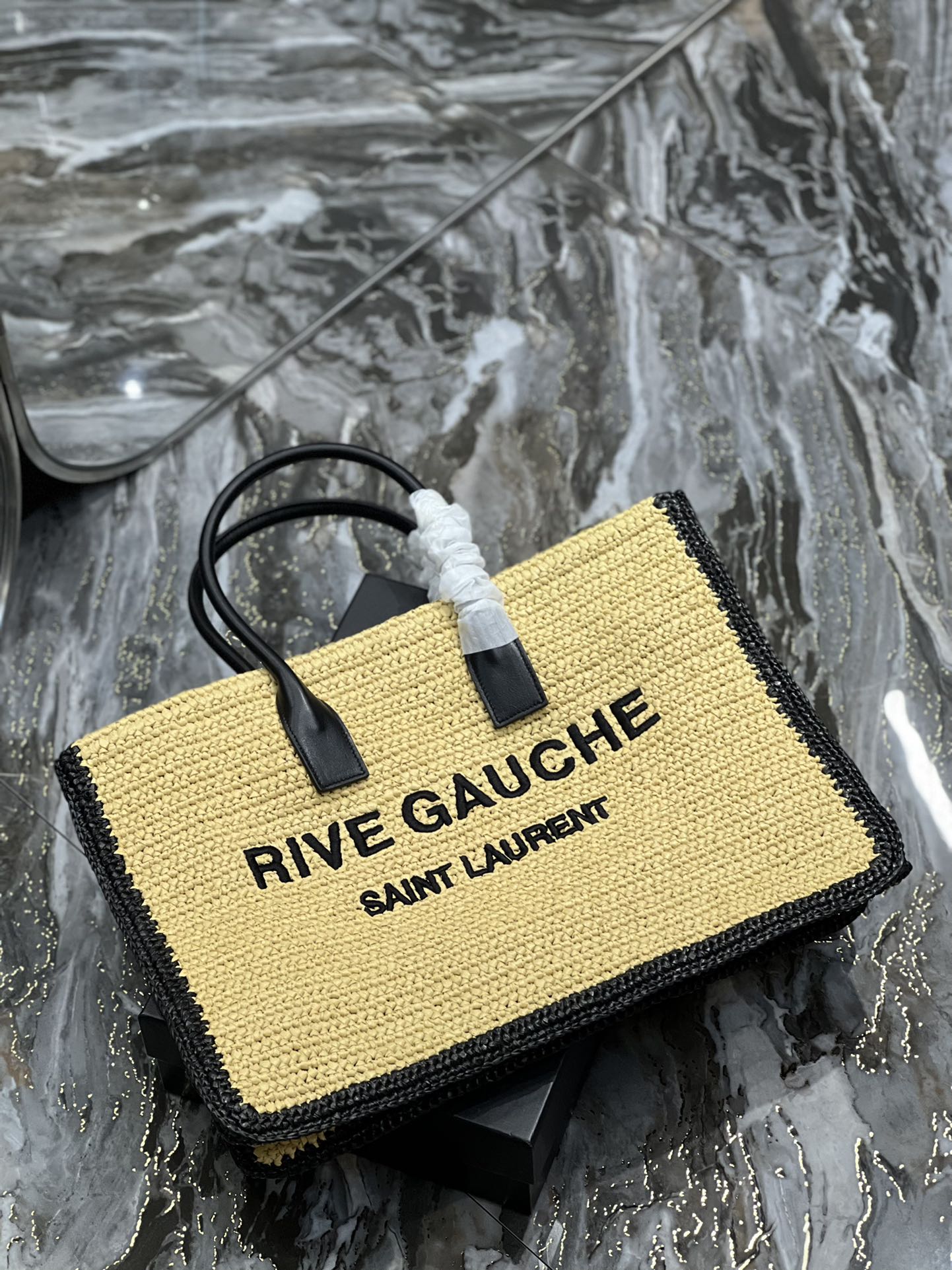 RIVE GAUCHE TOTE BAG 48 IN LIGHT YELLOW AND BLACK TRIM RAFFIA