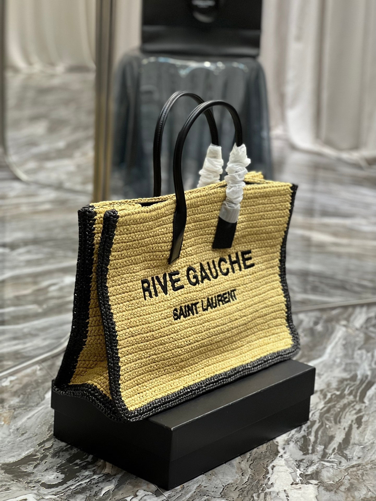 RIVE GAUCHE TOTE BAG 48 IN LIGHT YELLOW AND BLACK TRIM RAFFIA