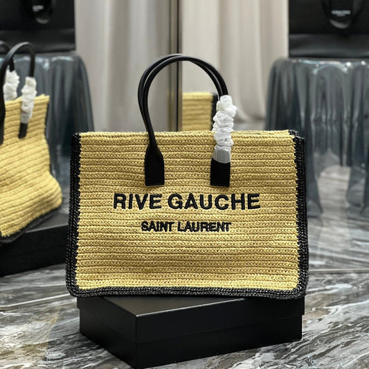 RIVE GAUCHE TOTE BAG 48 IN LIGHT YELLOW AND BLACK TRIM RAFFIA