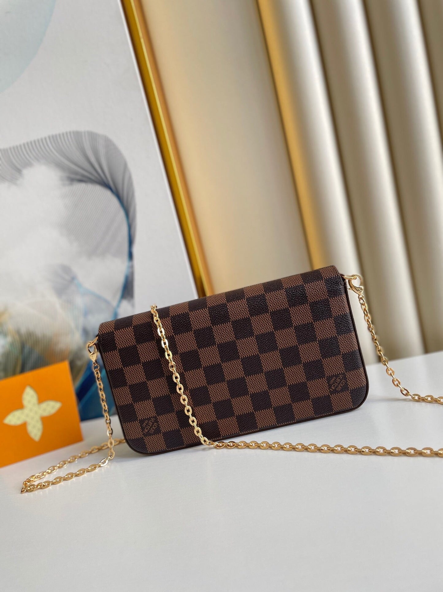 FÉLICIE POCHETTE 21 IN BROWN DAMIER EBENE COATED CANVAS GOLD HARDWARE